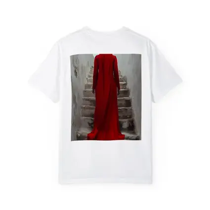 Red Robed Woman Ascending Ancient Stone Stairs