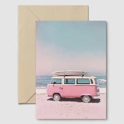 Pink Volkswagen Bus Parked On Beach