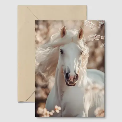 White Arabian Horse Among Cherry Blossoms
