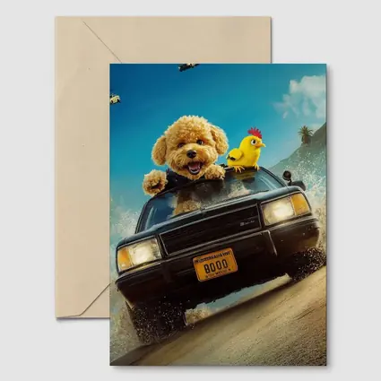 Poodle Dog Driving Car Helicopter Chase