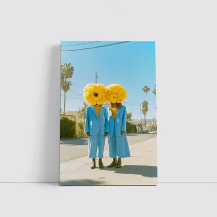 Two Women Yellow Flowers Blue Suits Street