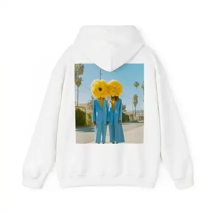 Two Women Yellow Flowers Blue Suits Street