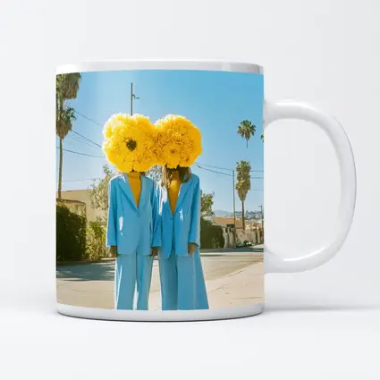 Two Women Yellow Flowers Blue Suits Street