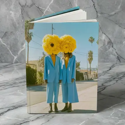 Two Women Yellow Flowers Blue Suits Street