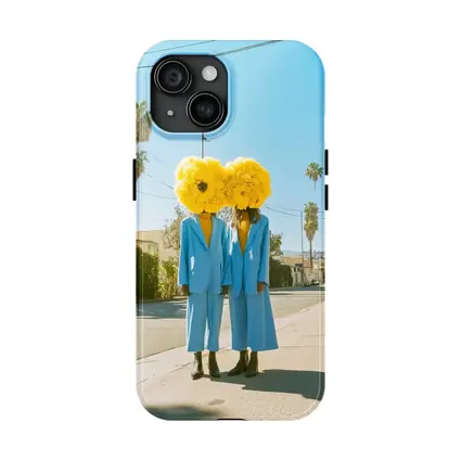 Two Women Yellow Flowers Blue Suits Street