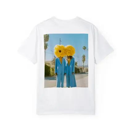 Two Women Yellow Flowers Blue Suits Street