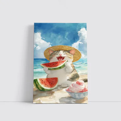 Happy Cat Eating Watermelon Beach Watercolor