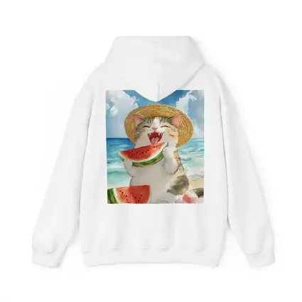 Happy Cat Eating Watermelon Beach Watercolor