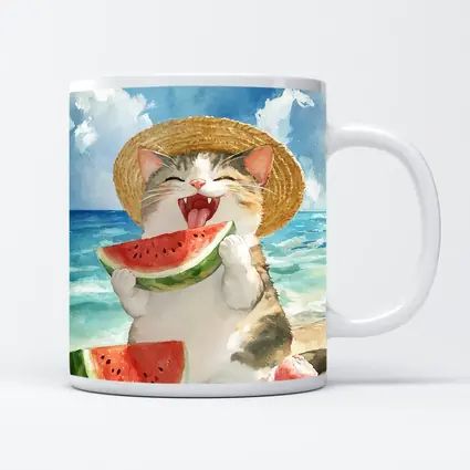Happy Cat Eating Watermelon Beach Watercolor