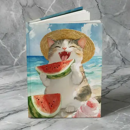 Happy Cat Eating Watermelon Beach Watercolor