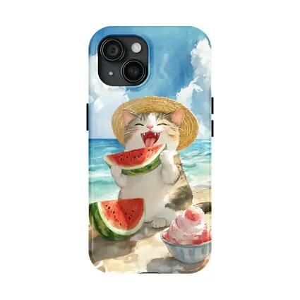 Happy Cat Eating Watermelon Beach Watercolor