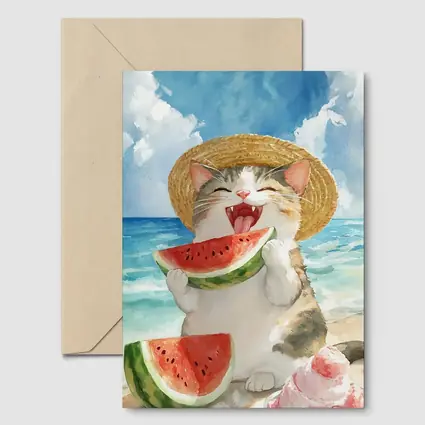 Happy Cat Eating Watermelon Beach Watercolor