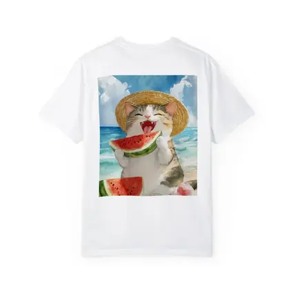 Happy Cat Eating Watermelon Beach Watercolor