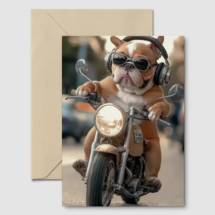 Bulldog Riding Motorcycle With Sunglasses Street