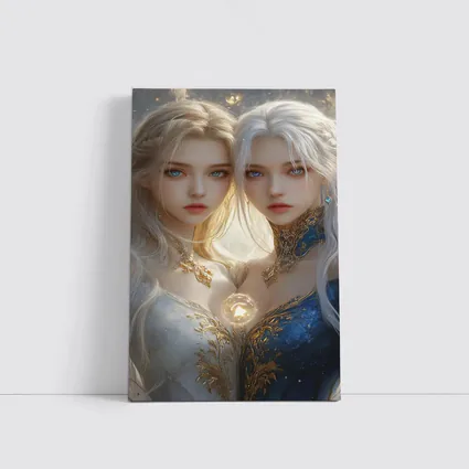 Twin Fantasy Girls Gold Blue Ethereal Art