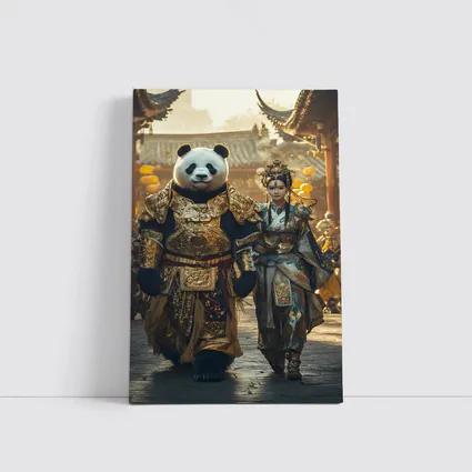 Panda Warrior and Woman Ancient Chinese Temple
