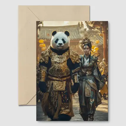 Panda Warrior and Woman Ancient Chinese Temple