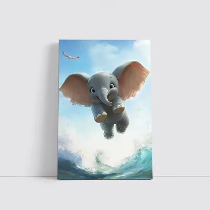 Cute Baby Elephant Flying Over Ocean Waves