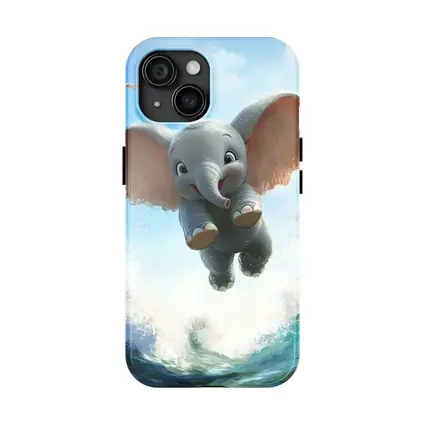 Cute Baby Elephant Flying Over Ocean Waves