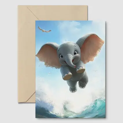 Cute Baby Elephant Flying Over Ocean Waves