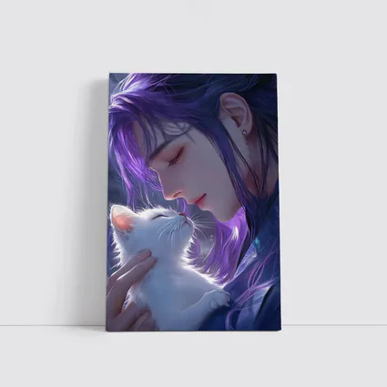 Anime Boy Purple Hair White Cat Art