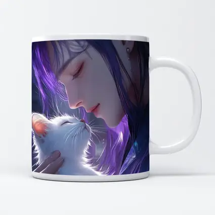 Anime Boy Purple Hair White Cat Art