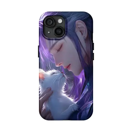 Anime Boy Purple Hair White Cat Art
