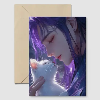 Anime Boy Purple Hair White Cat Art