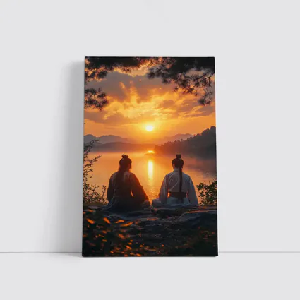 Two Samurai Meditating By Sunset Lake
