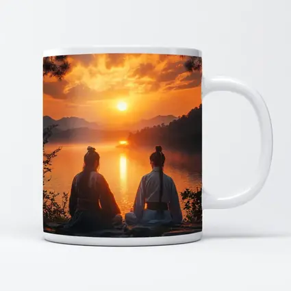 Two Samurai Meditating By Sunset Lake