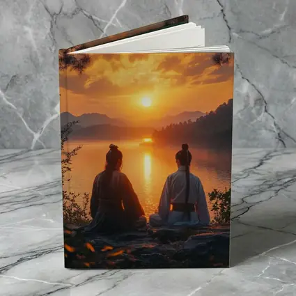 Two Samurai Meditating By Sunset Lake