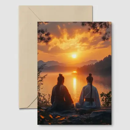 Two Samurai Meditating By Sunset Lake