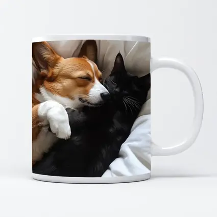 Corgi and Black Cat Cuddling on Bed
