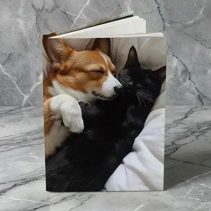 Corgi and Black Cat Cuddling on Bed