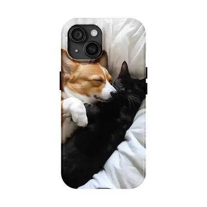 Corgi and Black Cat Cuddling on Bed