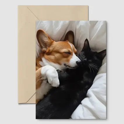 Corgi and Black Cat Cuddling on Bed