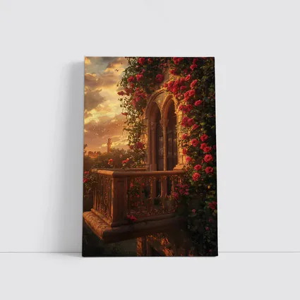 Red Roses Climbing Stone Balcony Sunset