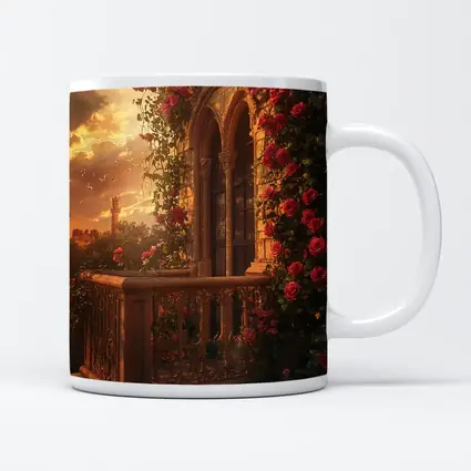 Red Roses Climbing Stone Balcony Sunset