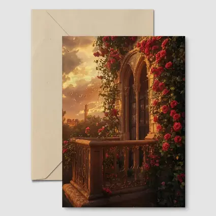 Red Roses Climbing Stone Balcony Sunset