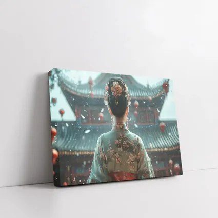 Chinese Woman in Kimono Before Temple