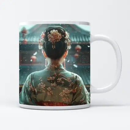 Chinese Woman in Kimono Before Temple
