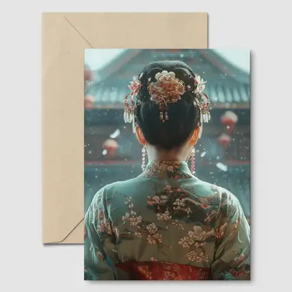 Chinese Woman in Kimono Before Temple