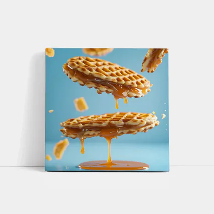 Golden Syrup Dripping Waffles Blue Background