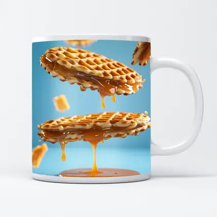Golden Syrup Dripping Waffles Blue Background