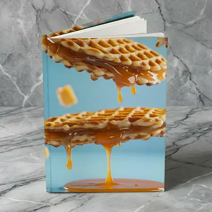 Golden Syrup Dripping Waffles Blue Background