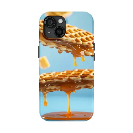 Golden Syrup Dripping Waffles Blue Background
