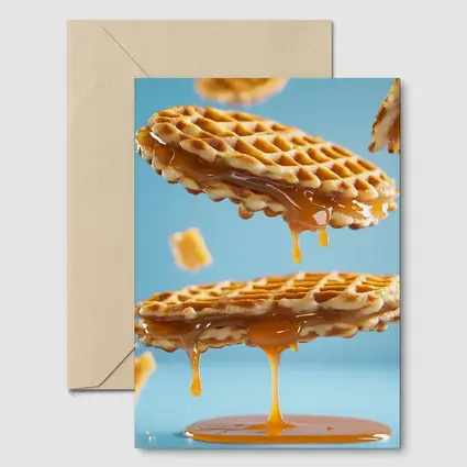 Golden Syrup Dripping Waffles Blue Background