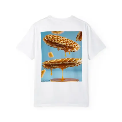 Golden Syrup Dripping Waffles Blue Background
