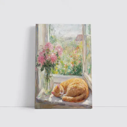 Orange Cat Sleeping on Sunny Window Sill