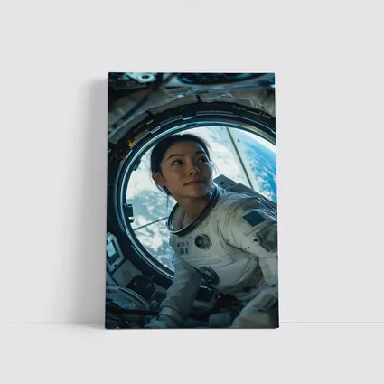 Female Astronaut Looking Through Space Station Window